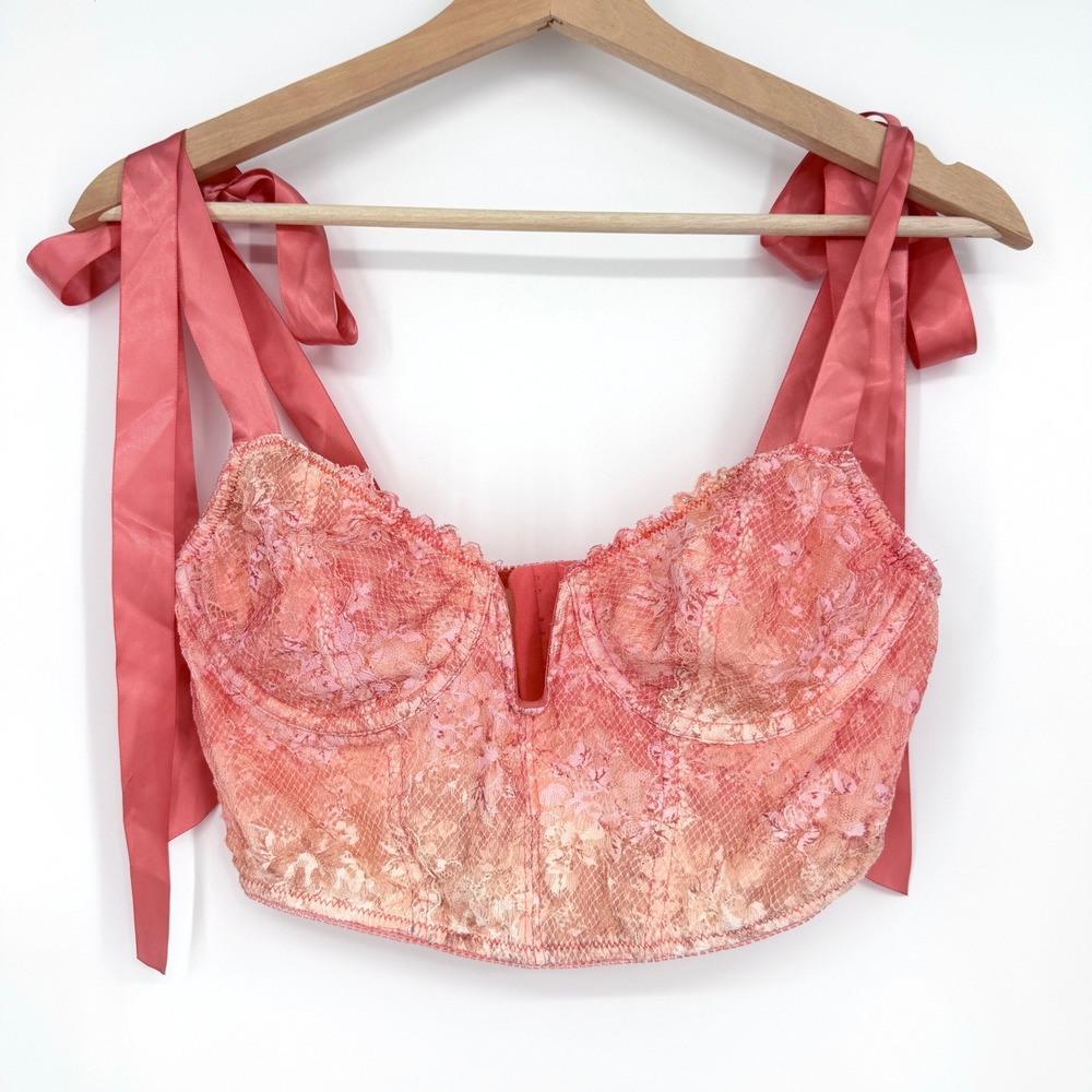 Out From Under Lace Bustier Corset Top Satin Ribbon Tie Straps Sz L Coquette - Picture 2 of 10